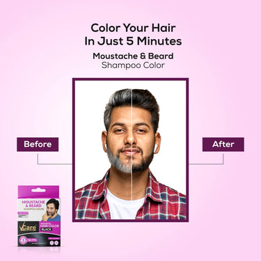 VCare Moustache and Beard color shampoo for Men Black, Natural Hair Color Dye Conditioner | No Ammonia No Paraben No PPD - 5 ml (Pack Of 10)
